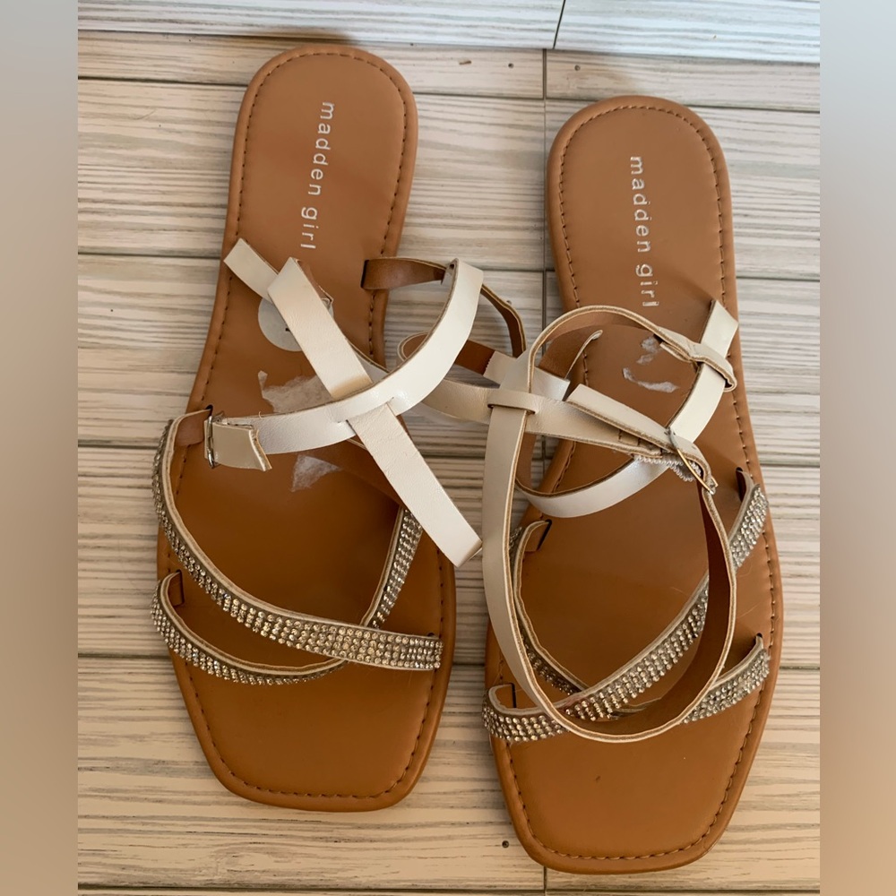 Madden Girl Beige Rhinestone Strappy Flat Sandals